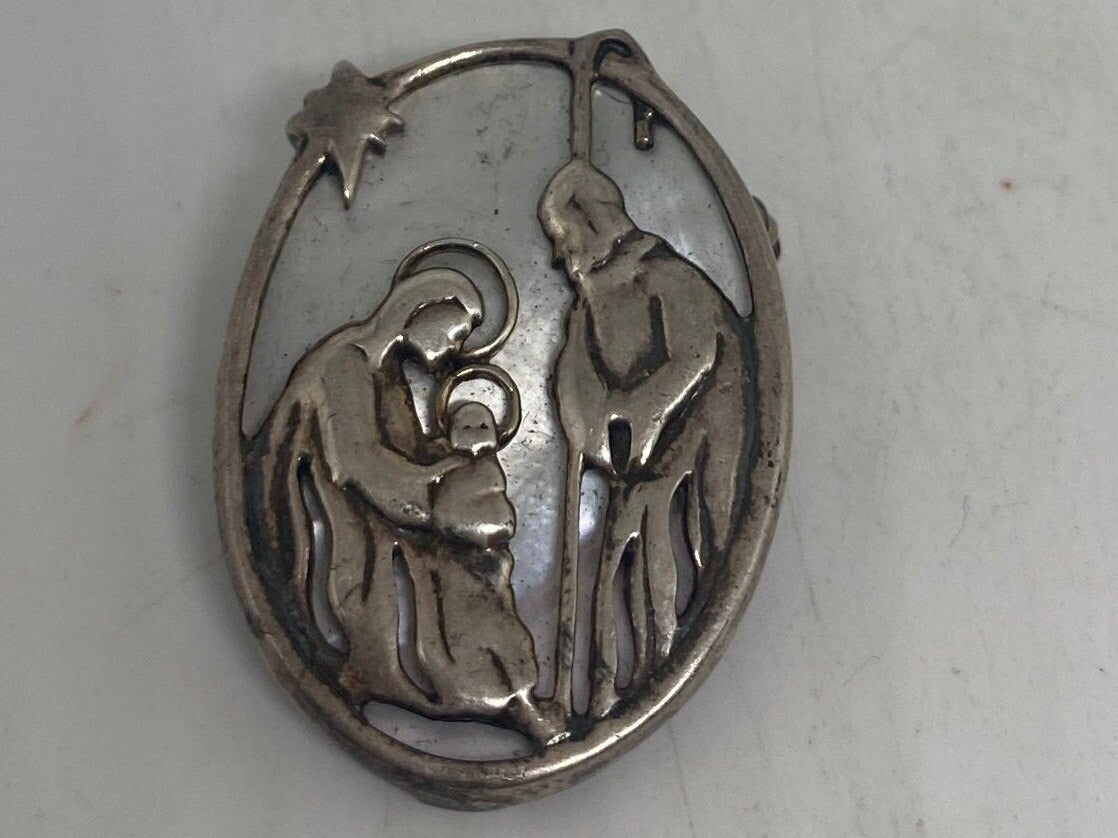 Vintage Holy Family Pin 925 Sterling Silver with Mother of Pearl Brooch Mary Joseph and Baby Jesus