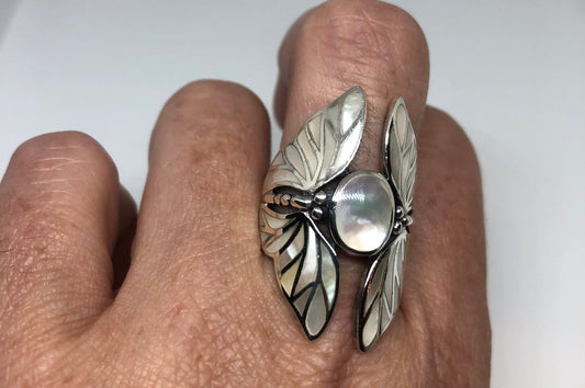 Antique Deco Mother of Pearl Lunar Moth 925 Sterling Silver Ring