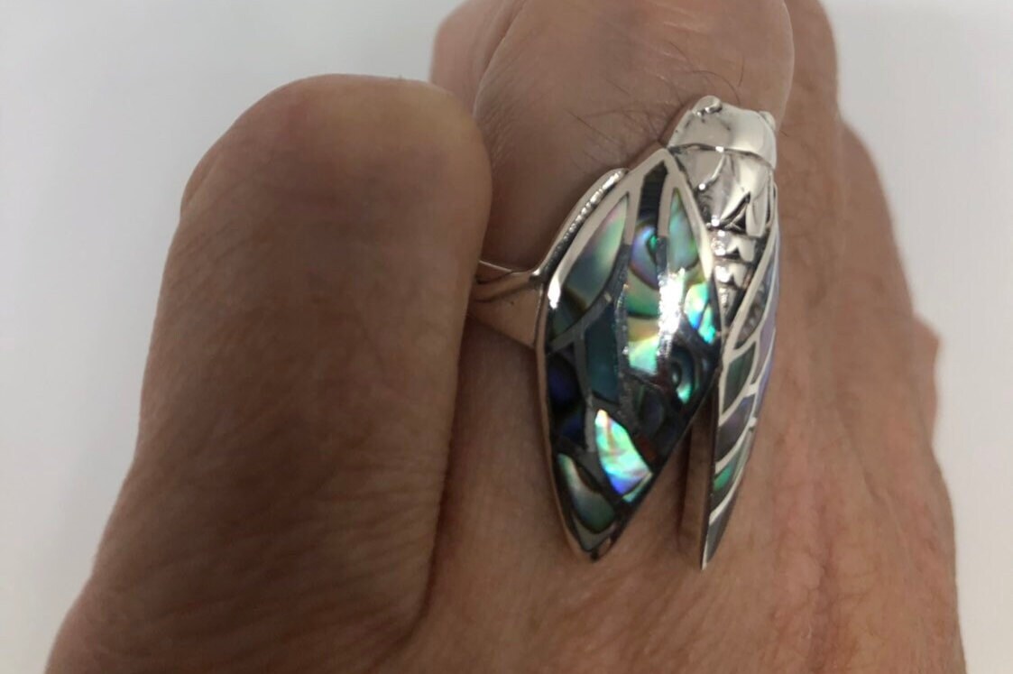 Vintage Deco Abalone Ring Cicada 925 Sterling Silver