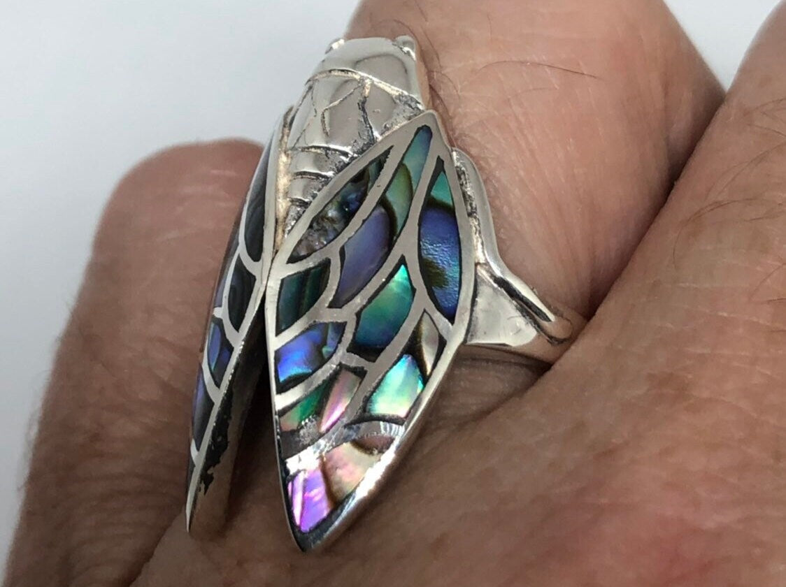 Vintage Deco Abalone Ring Cicada 925 Sterling Silver