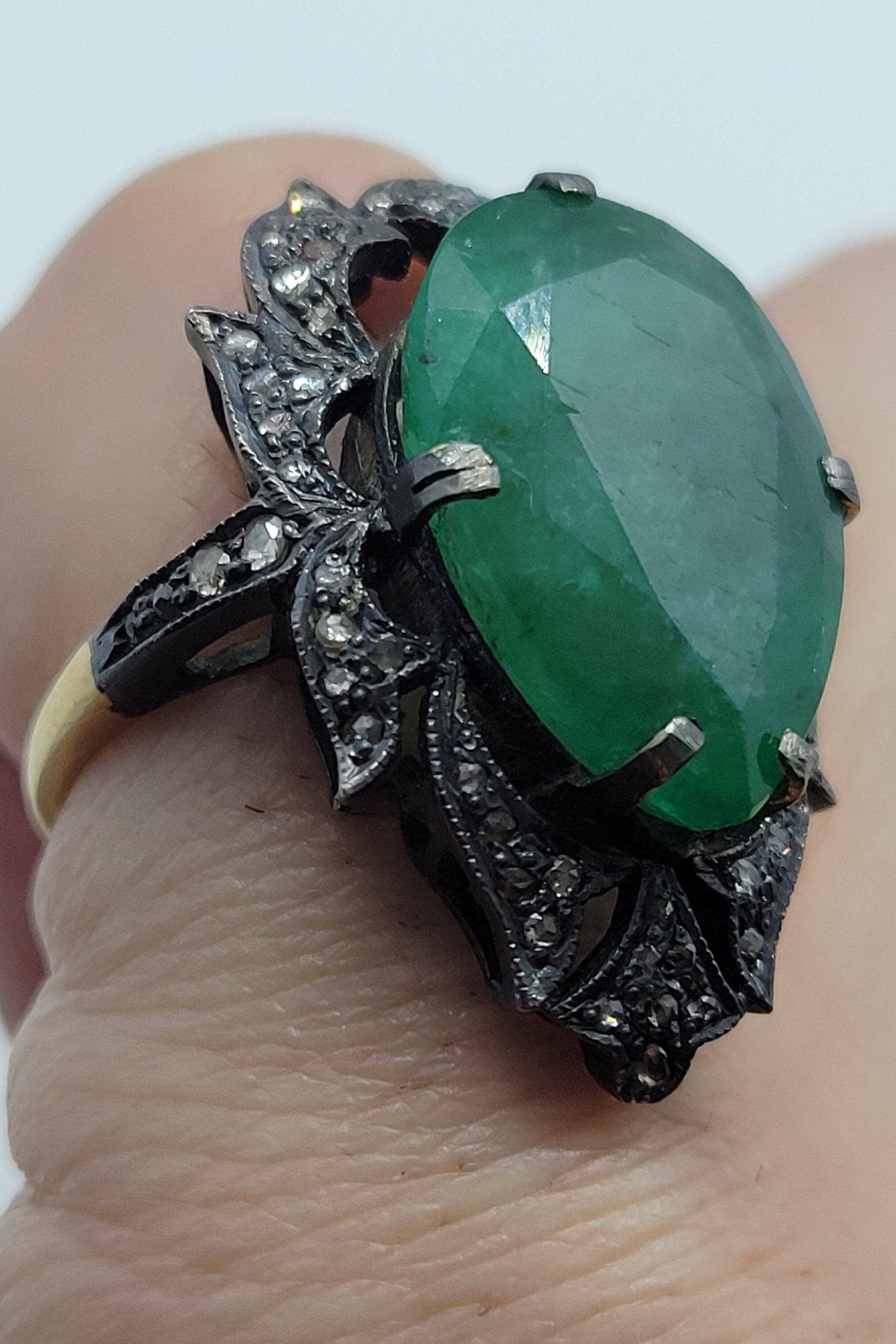 Vintage Green Emerald with Diamonds in 925 Sterling Silver and 18k Gold Ring Genuine Emerald Genuine Diamond Revival Collection