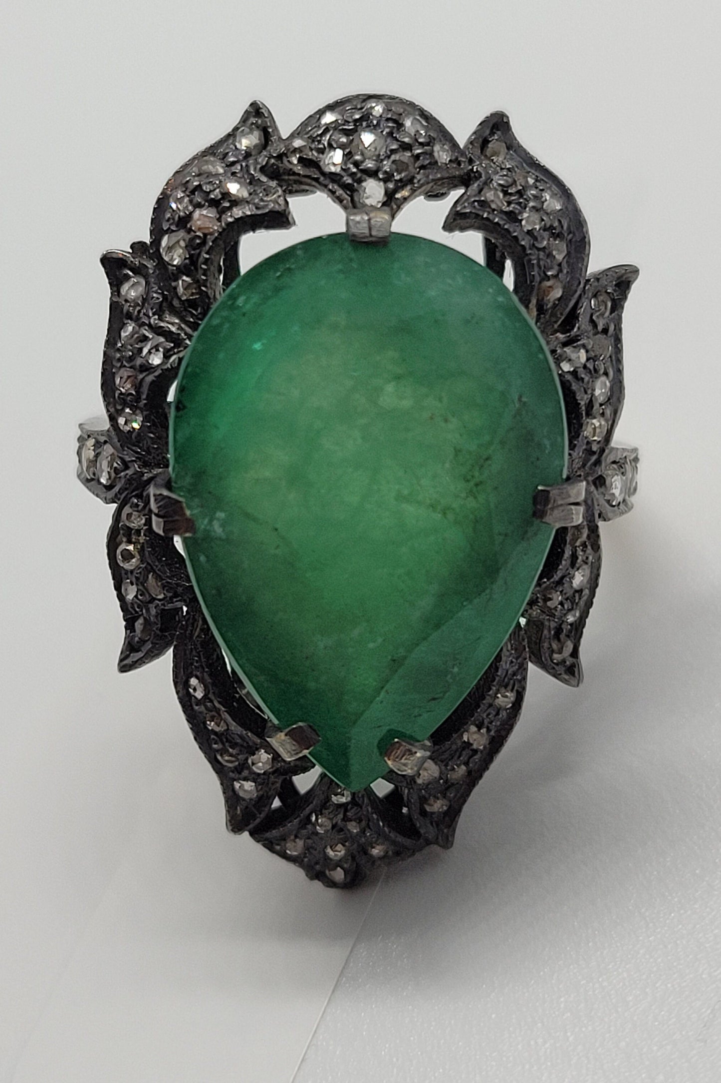 Vintage Green Emerald with Diamonds in 925 Sterling Silver and 18k Gold Ring Genuine Emerald Genuine Diamond Revival Collection