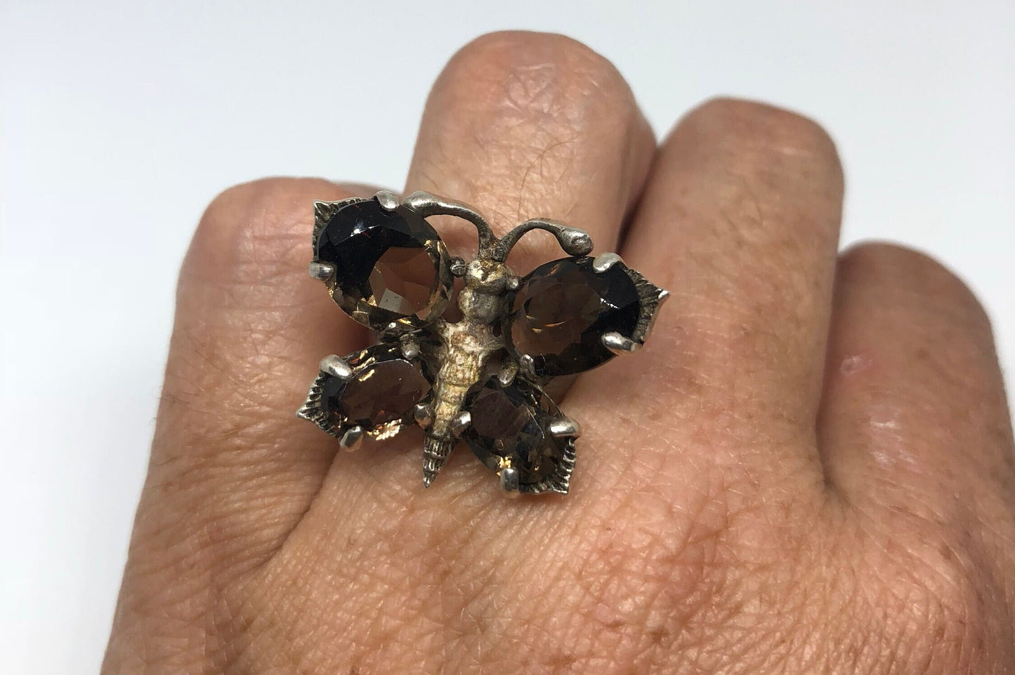 Vintage Smoky Topaz Butterfly Ring 925 Sterling Silver