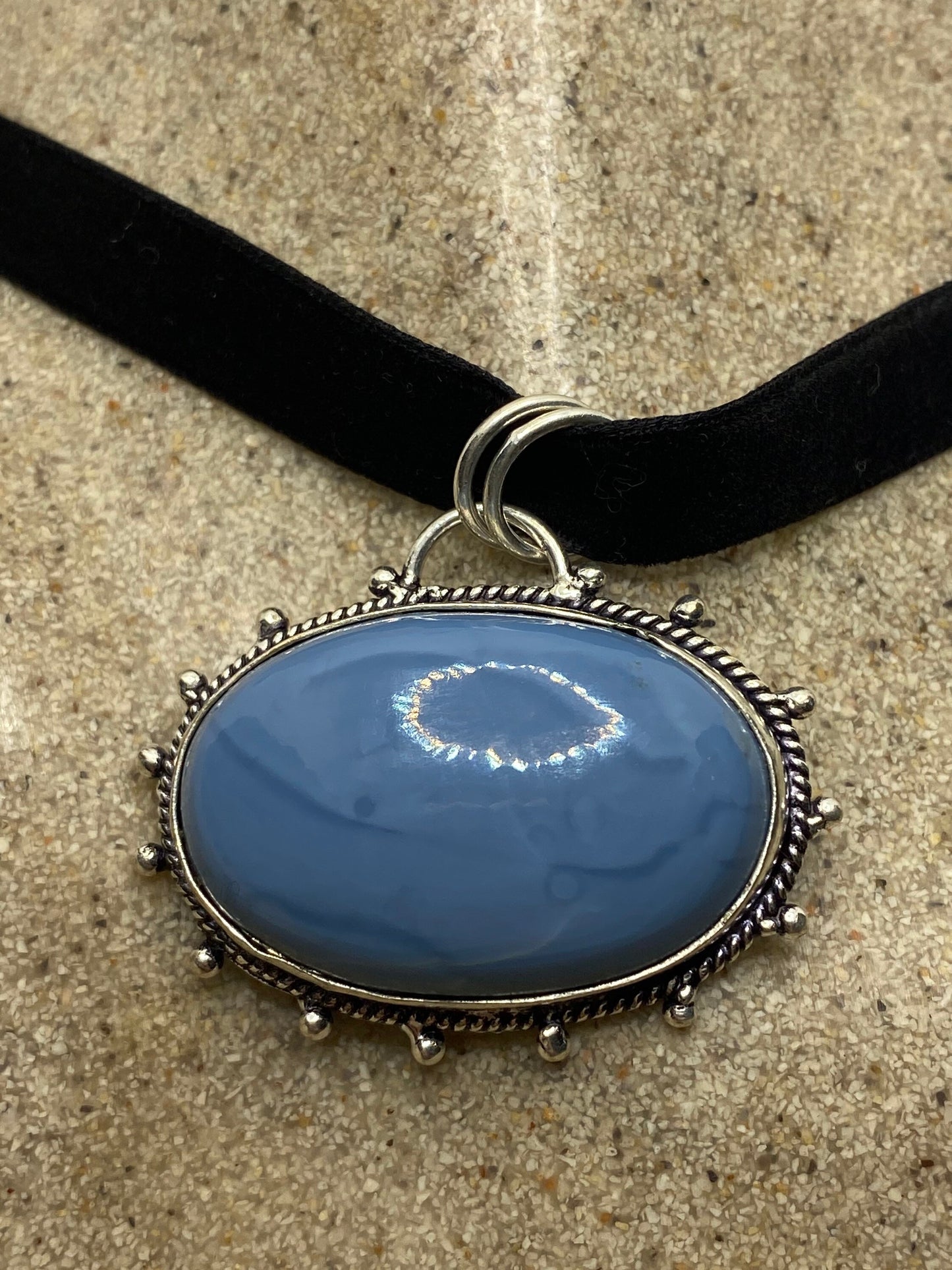 Vintage Blue Onyx Black Velvet Ribbon Choker Necklace