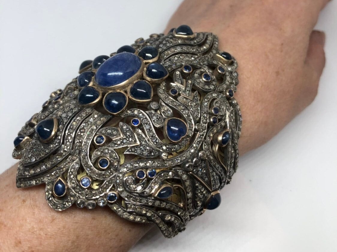 Vintage Rose Gold Cuff Bracelet | Genuine Blue Sapphires Rose Cut Diamonds Rose Gold 925 Sterling Silver Cuff Bracelet