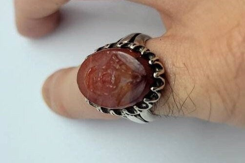 Vintage Carnelian Mens Ring in 925 Sterling Silver Persian Styled Genuine Carnelian Cameo Carving of Jesus Christ