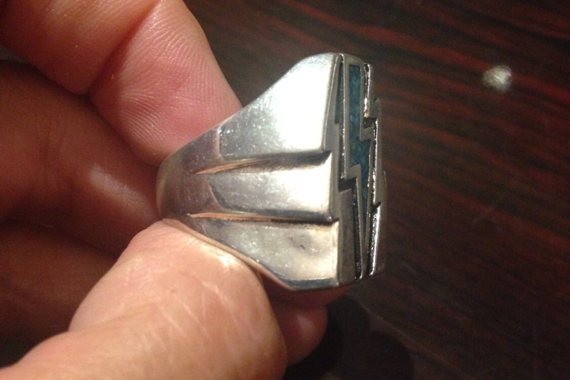 Vintage Southwestern Turquoise Inlay Lighting Bolt Men's Ring