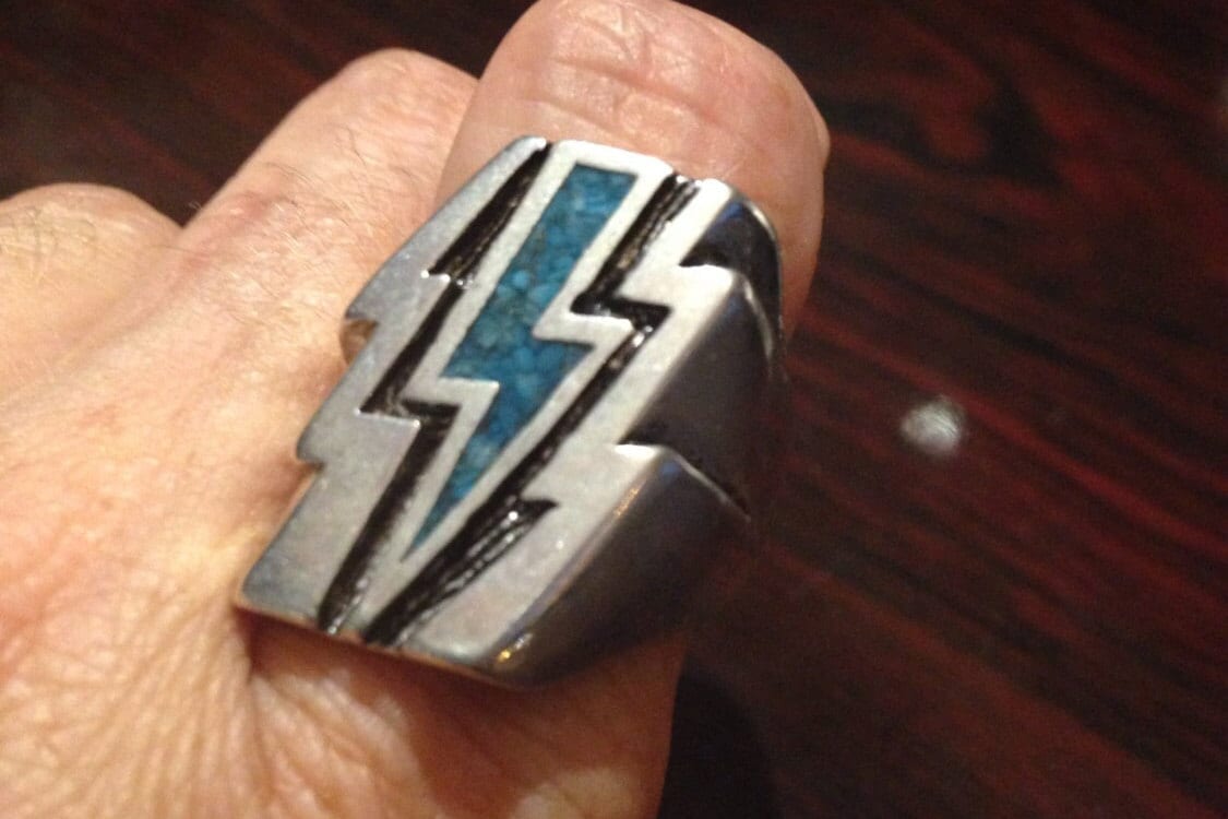 Vintage Southwestern Turquoise Inlay Lighting Bolt Men's Ring