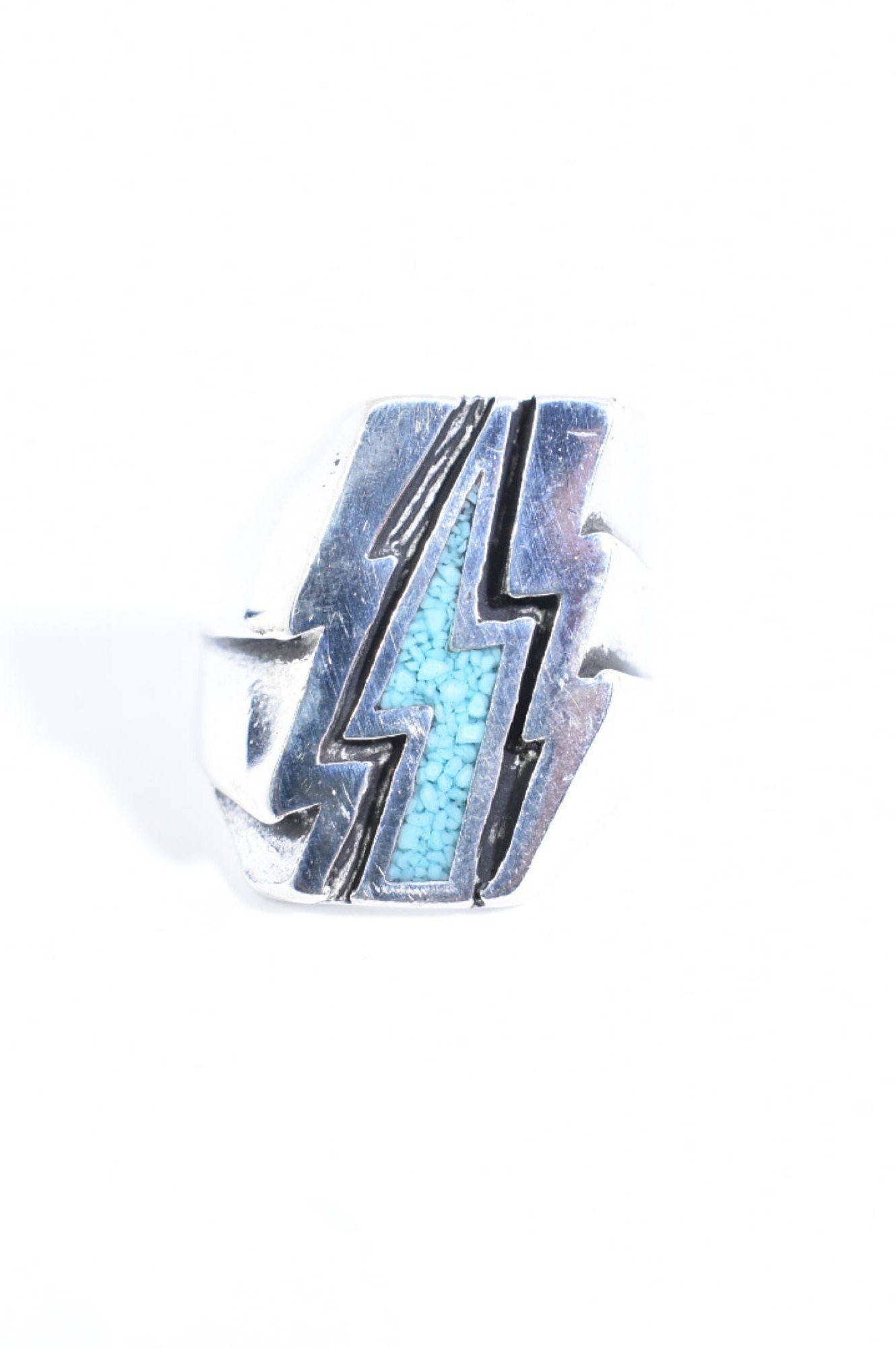 Vintage Southwestern Turquoise Inlay Lighting Bolt Men's Ring