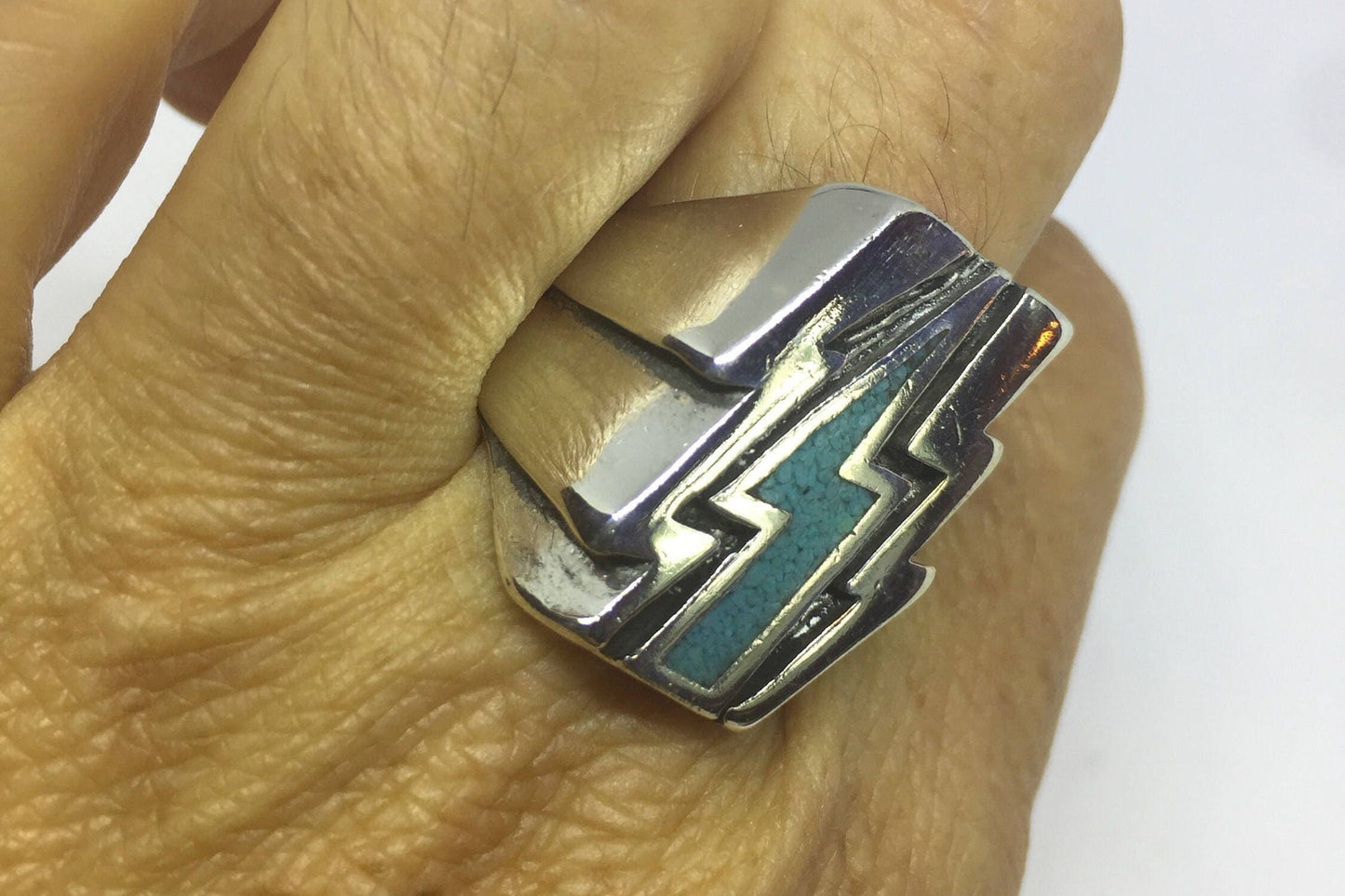 Vintage Southwestern Turquoise Inlay Lighting Bolt Men's Ring