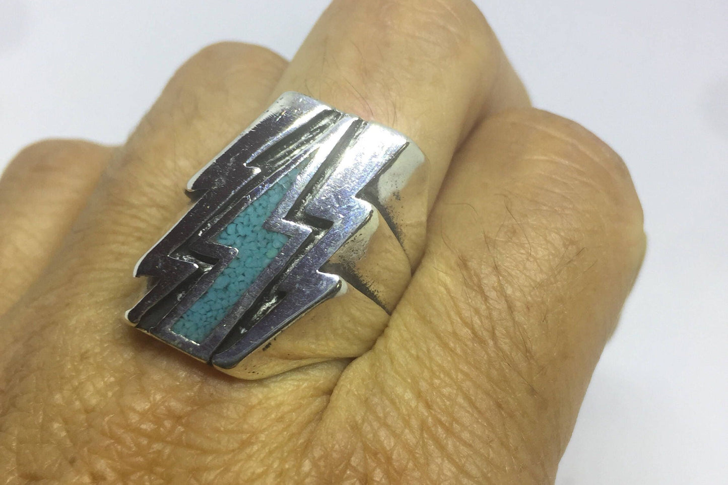 Vintage Southwestern Turquoise Inlay Lighting Bolt Men's Ring
