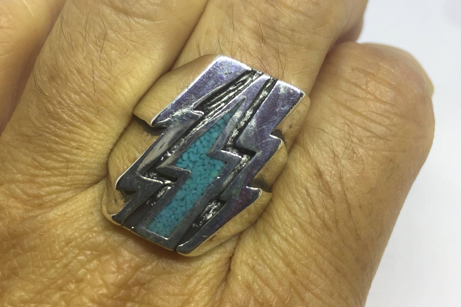 Vintage Southwestern Turquoise Inlay Lighting Bolt Men's Ring