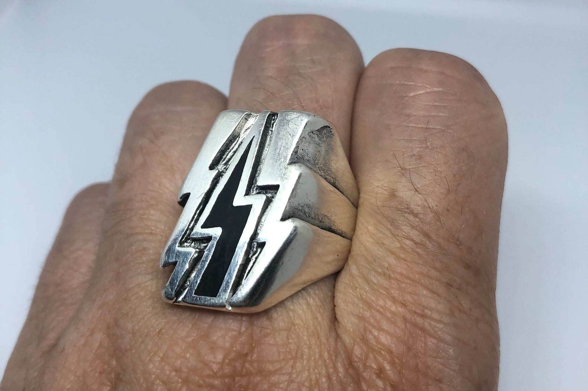Vintage Southwestern Black Inlay Lighting Bolt Mens Biker Ring