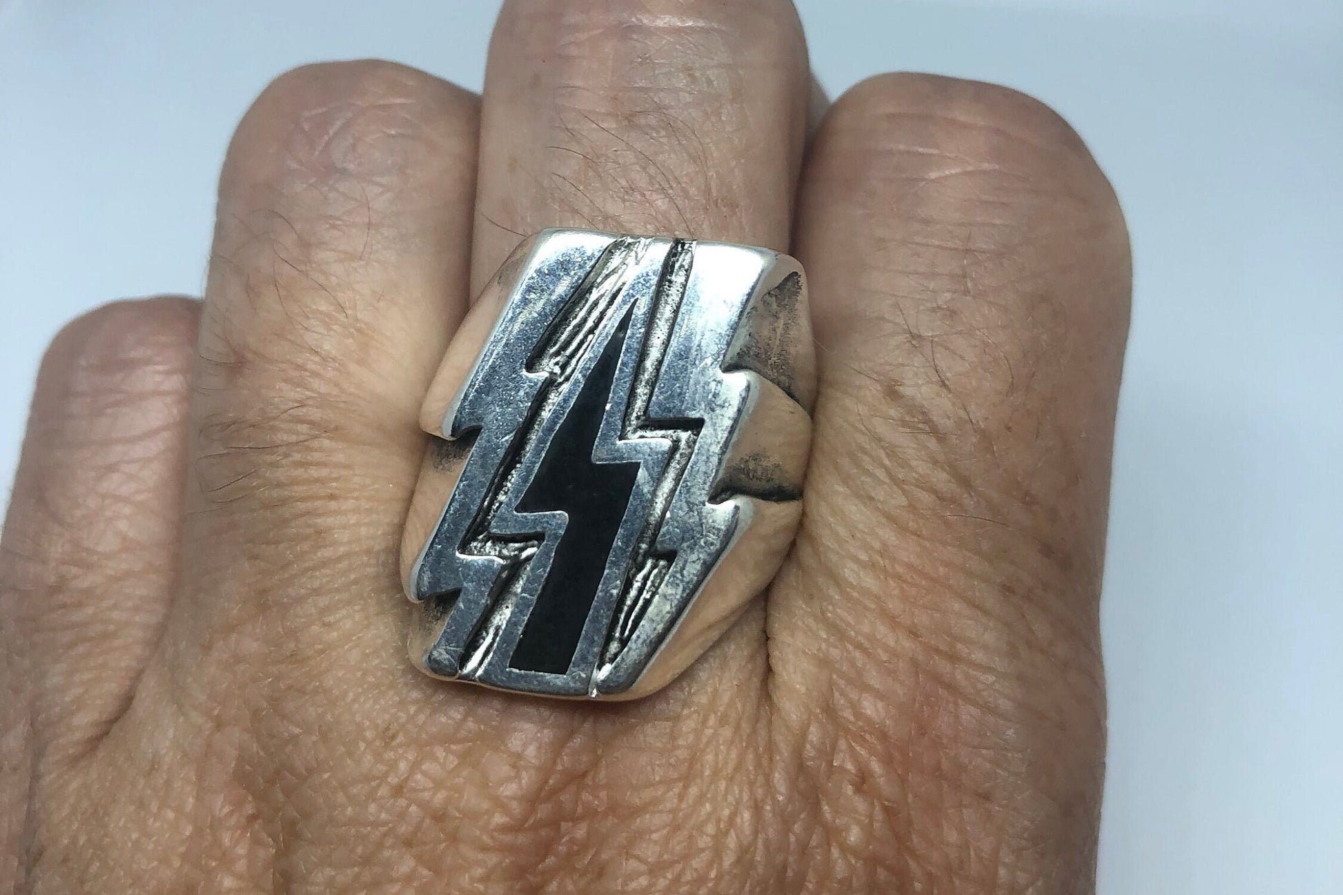 Vintage Southwestern Black Inlay Lighting Bolt Mens Biker Ring