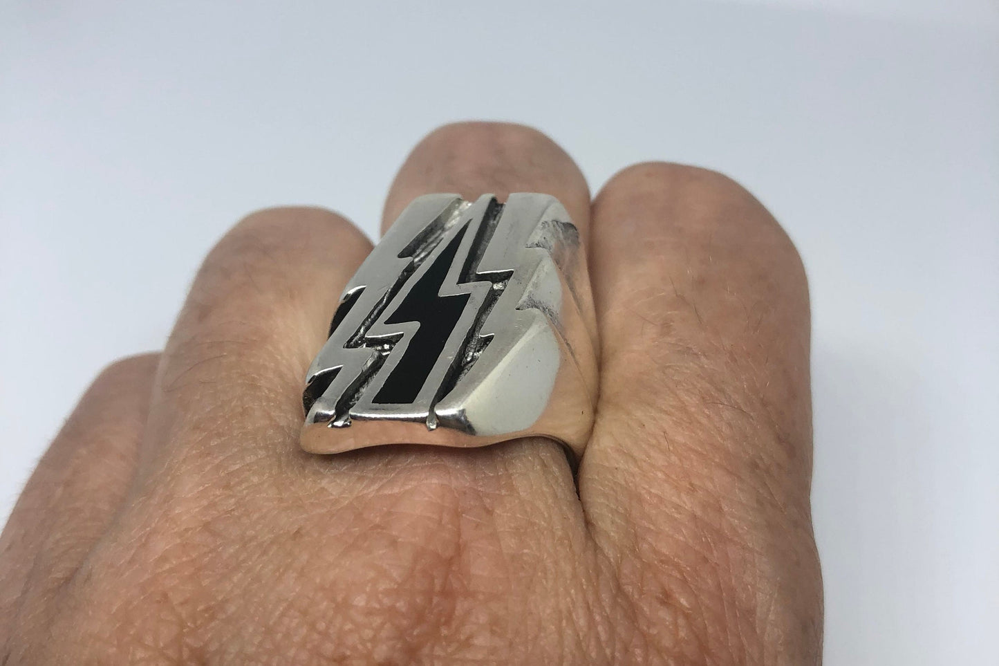 Vintage Southwestern Black Inlay Lighting Bolt Mens Biker Ring