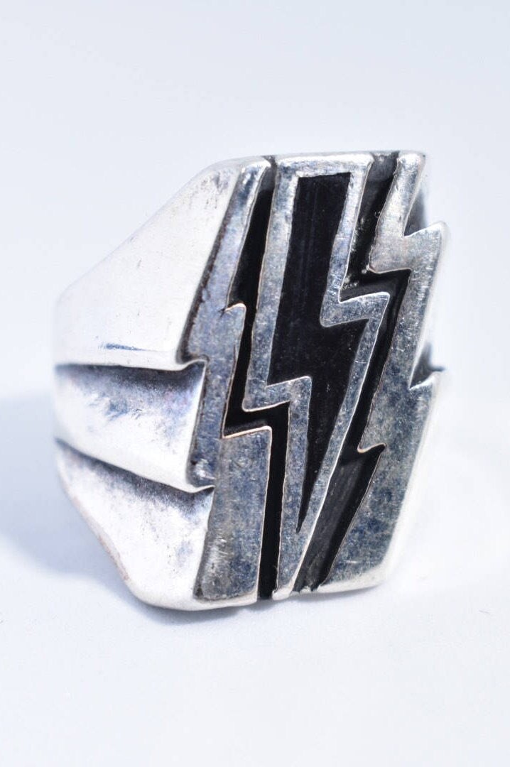 Vintage Southwestern Black Inlay Lighting Bolt Mens Biker Ring