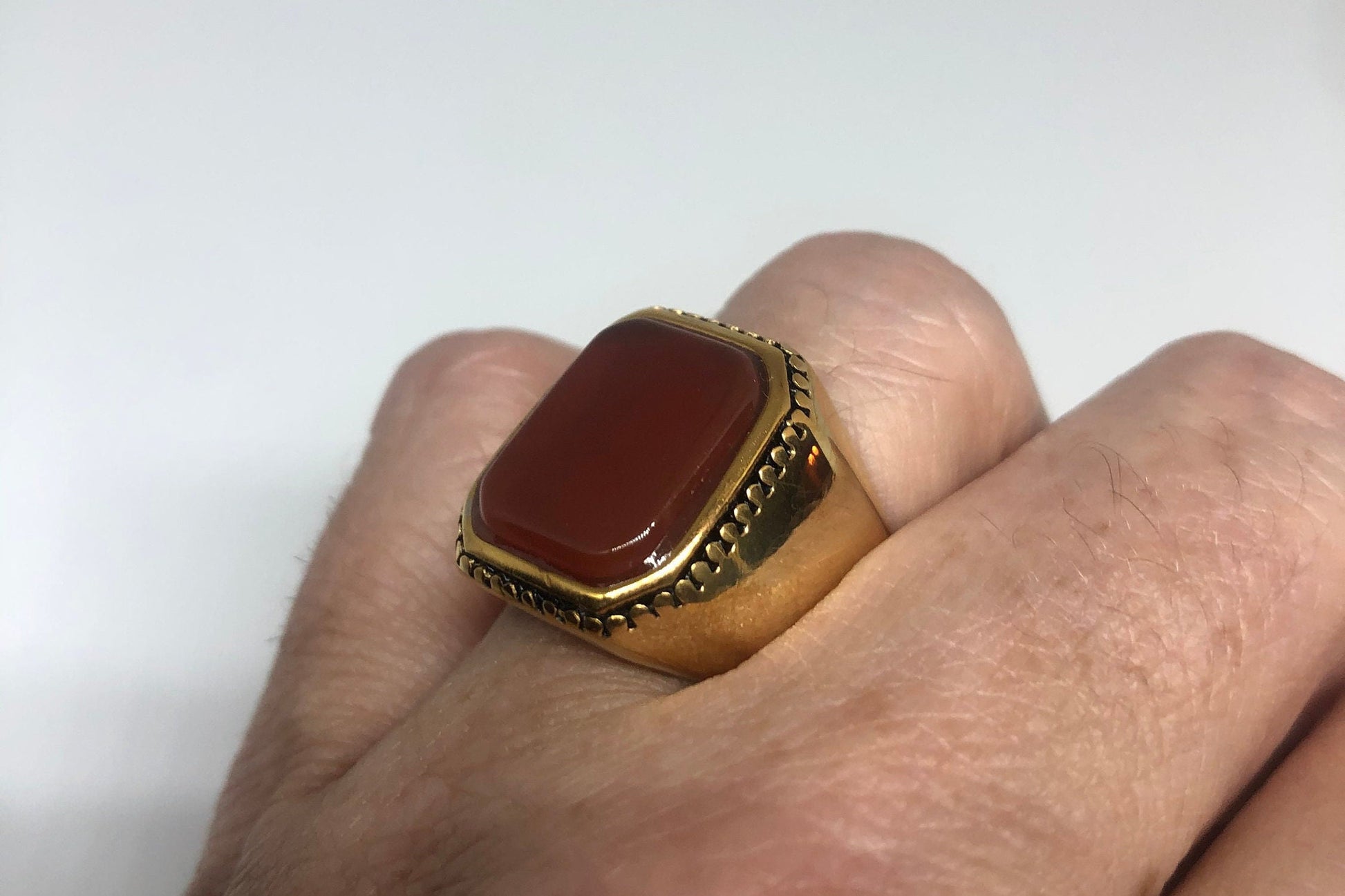 Vintage Gold Detailed Red Carnelian Mens Ring