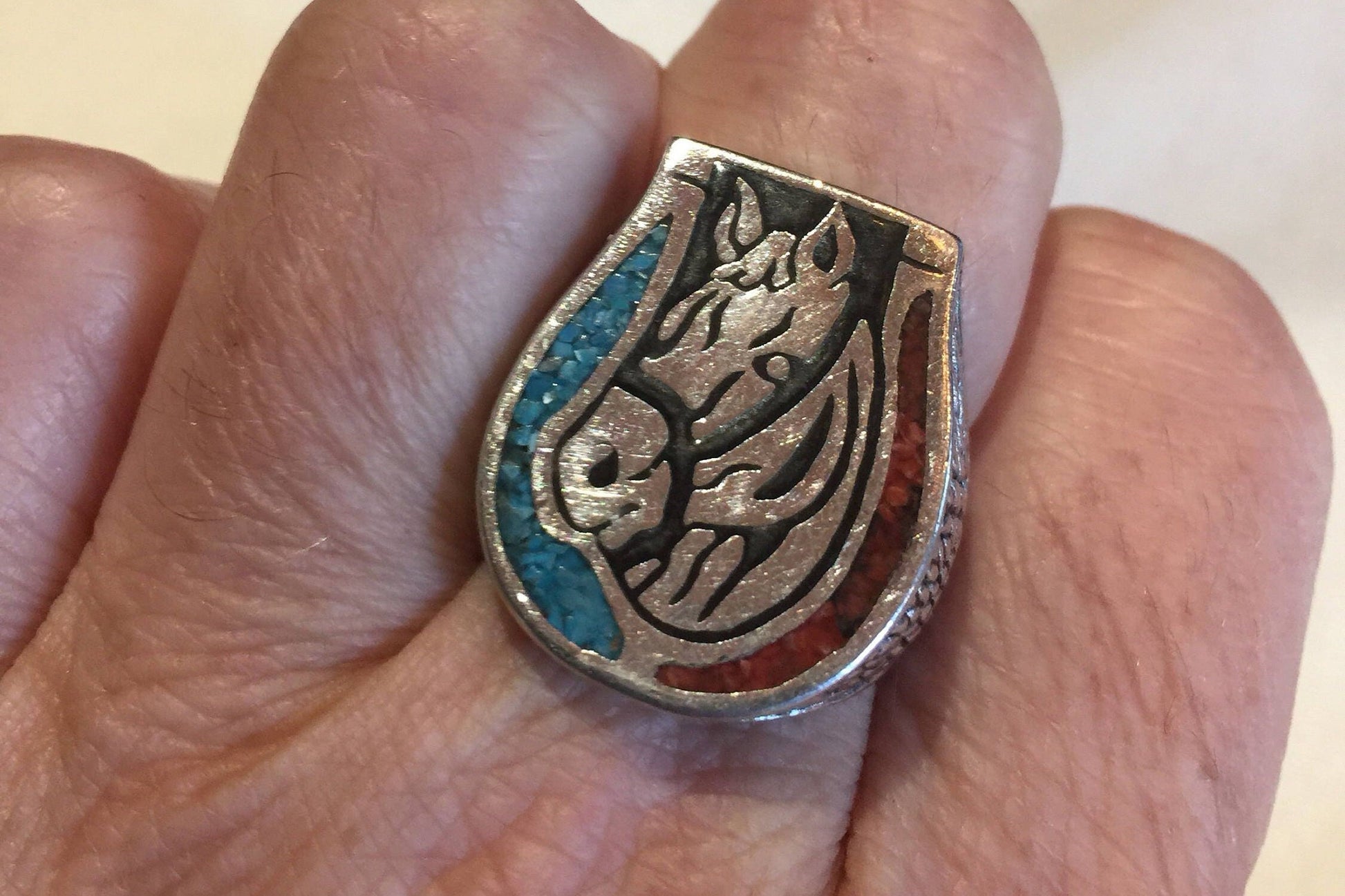 Vintage Native American Style Southwestern Turquoise Stone Inlay Horse Shoe Mens Ring