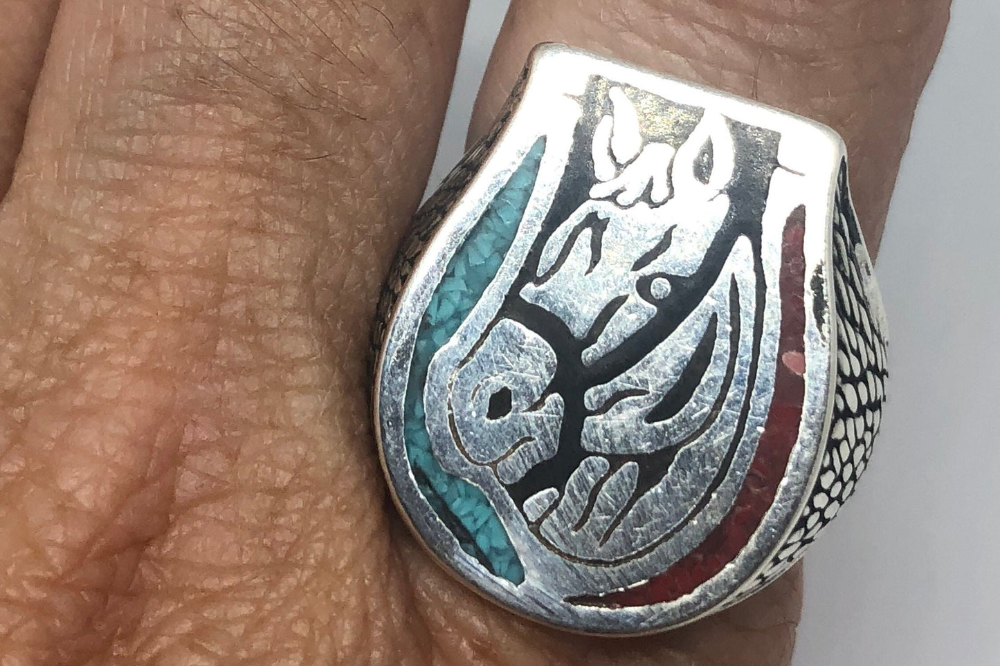 Vintage Native American Style Southwestern Turquoise Stone Inlay Horse Shoe Mens Ring