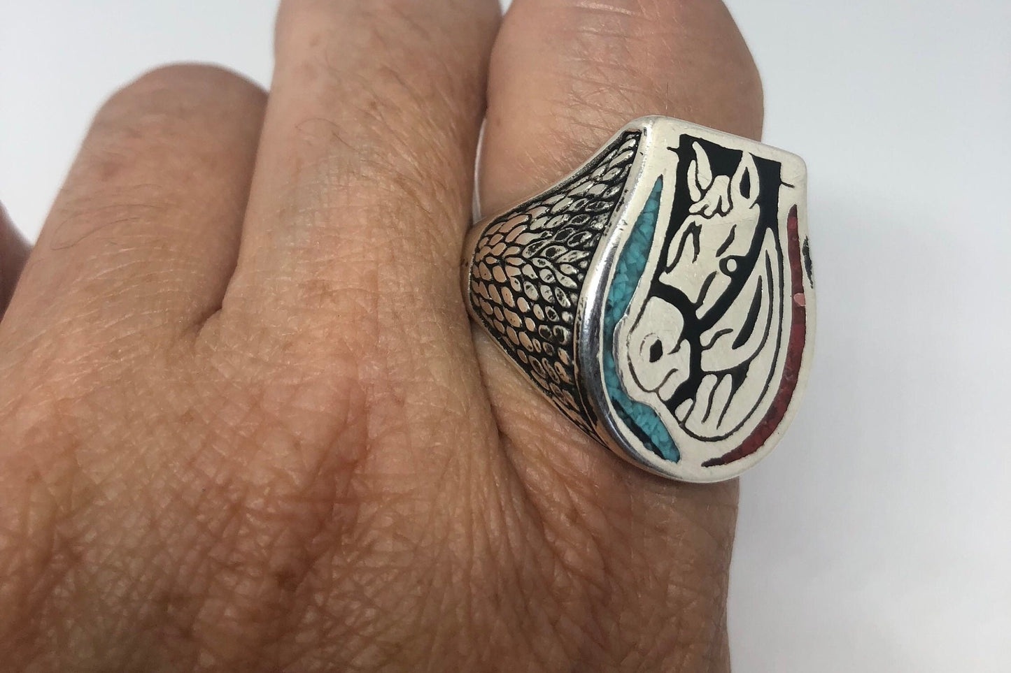 Vintage Native American Style Southwestern Turquoise Stone Inlay Horse Shoe Mens Ring