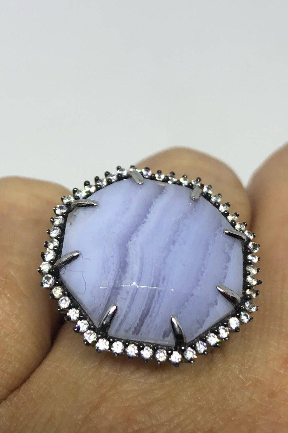 Vintage Genuine Blue Lace Agate 925 Sterling Silver Ring