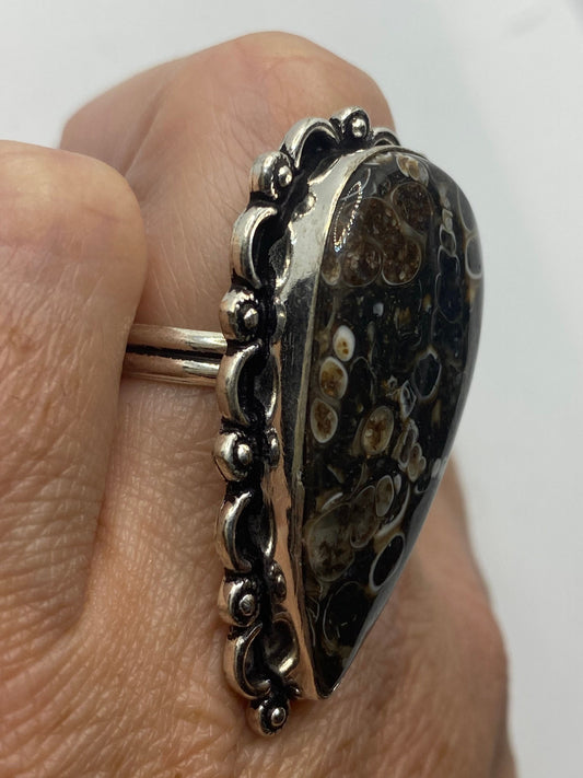 Vintage Brown Fossil agate Cocktail Ring