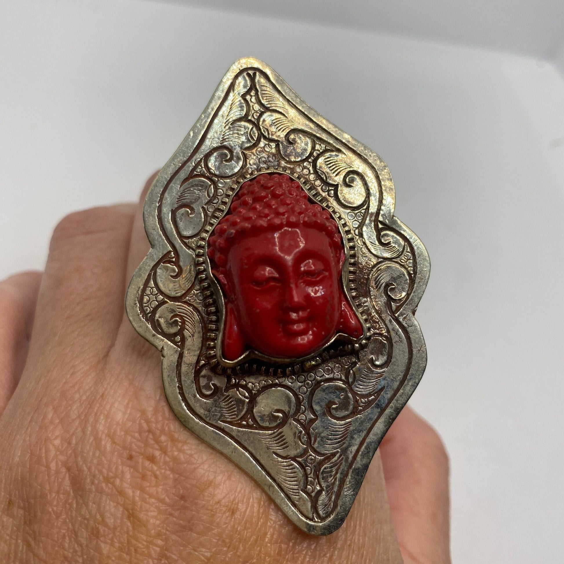 Vintage Bakelite Buddha White Bronze Silver Ring Adjustable