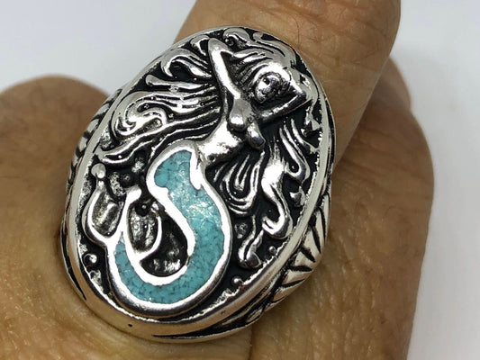 Mermaid ring with blue turquoise inlay in white bronze