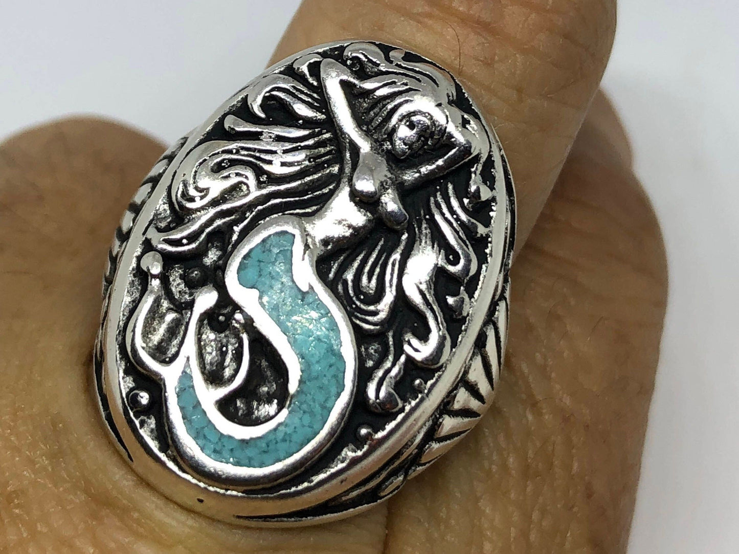 Mermaid ring with blue turquoise inlay in white bronze