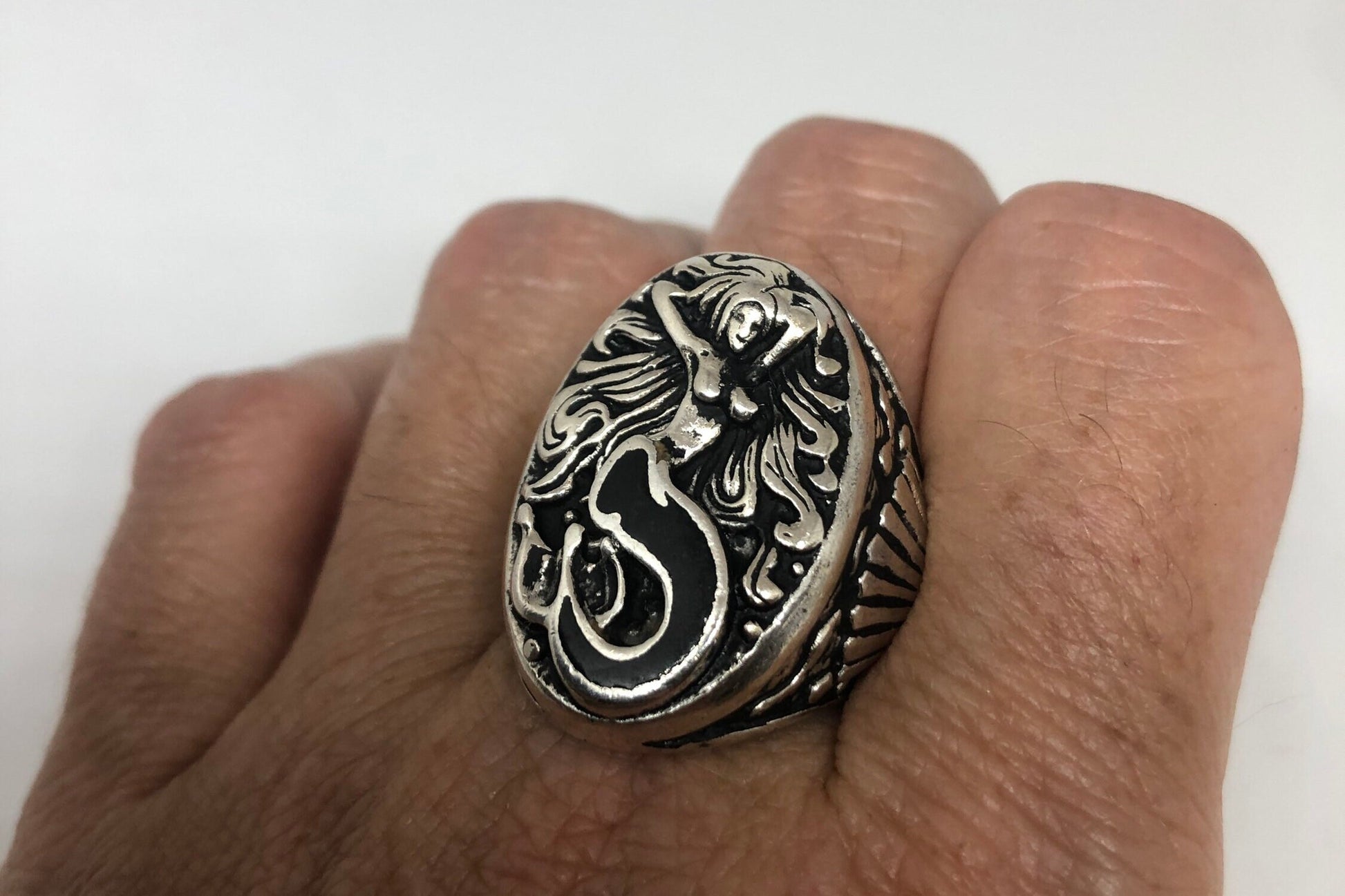 Mermaid ring with black resin inlay in white bronze