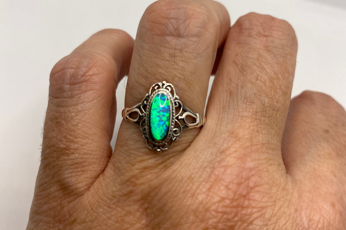 Vintage Blue Fire Opal 925 Sterling Silver Inlay Ring
