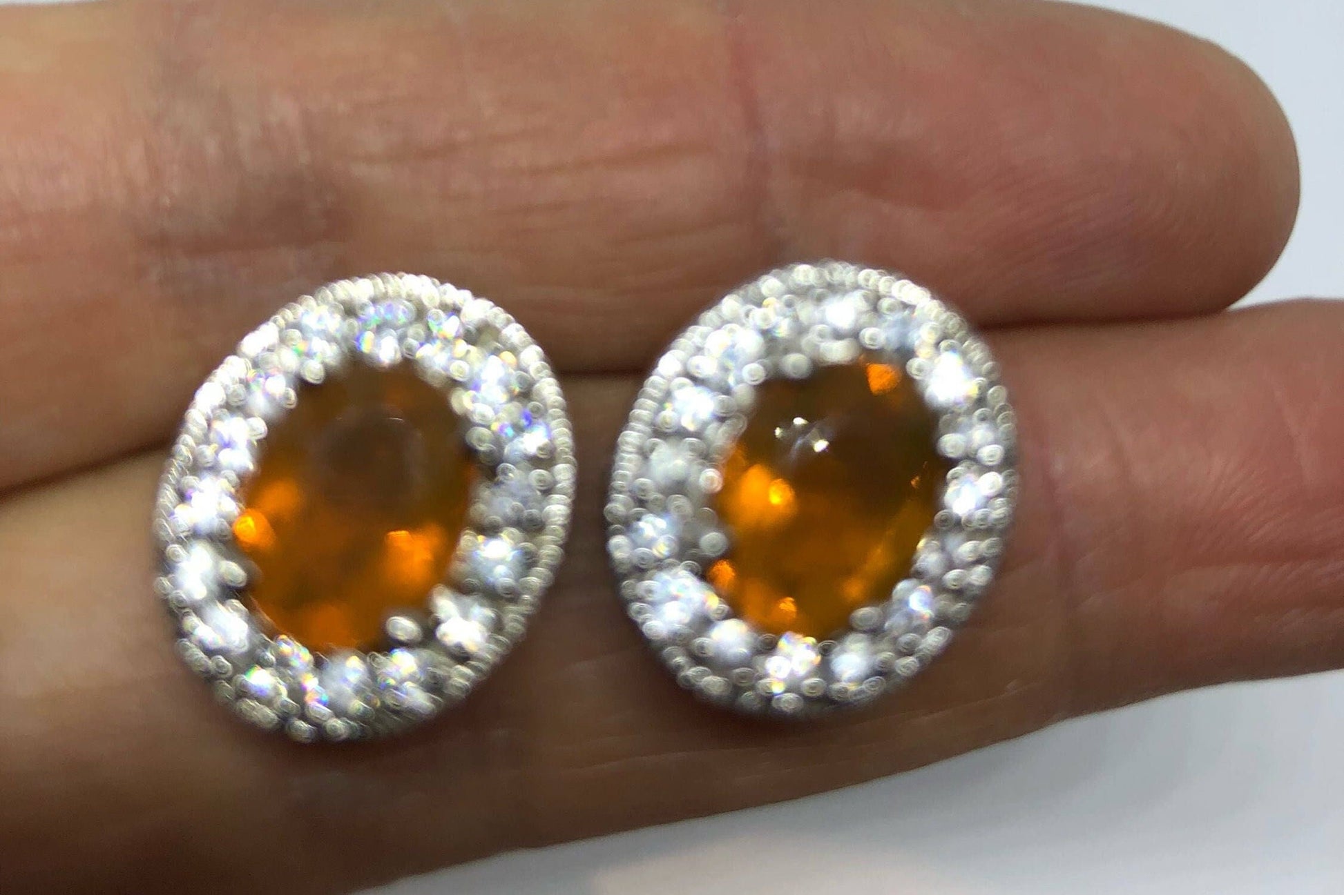 Vintage Orange Fire Opal Earrings 925 Sterling Silver button Studs