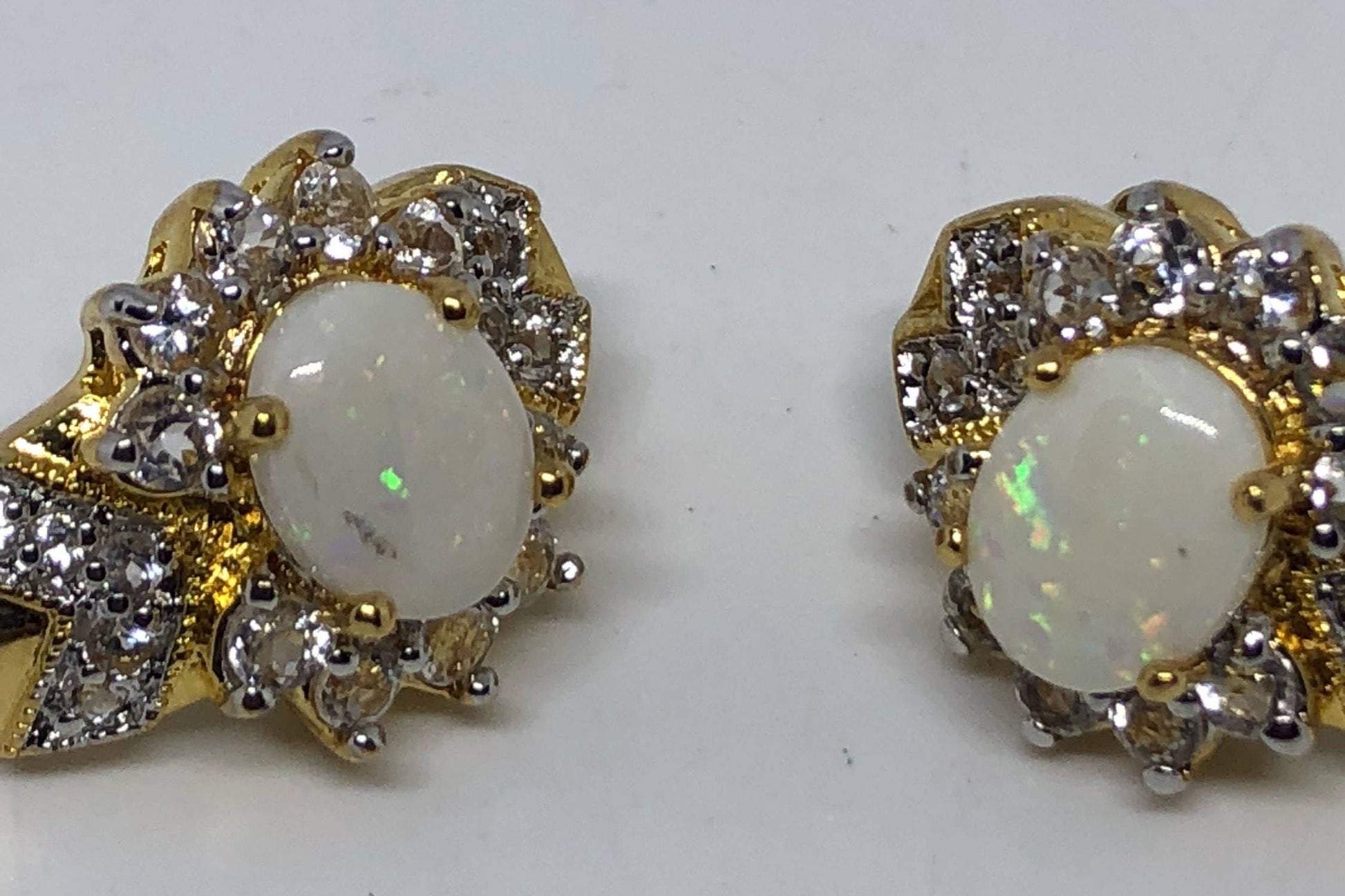Vintage White Fire Opal Earrings Golden 925 Sterling Silver button Studs