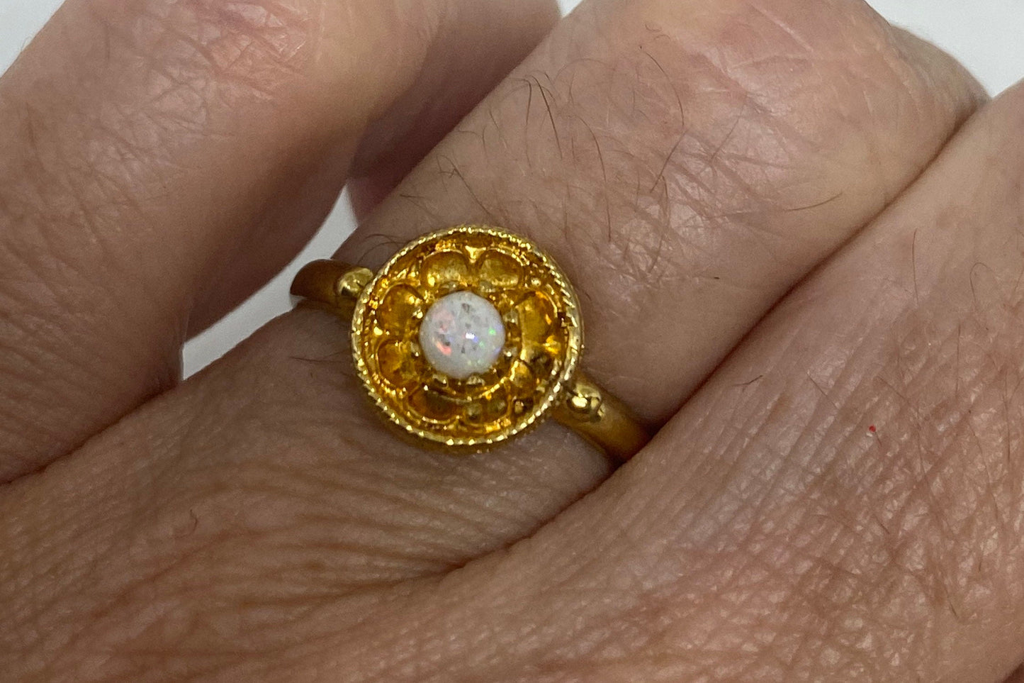 Vintage White Fire Opal Ring Sterling Silver Golden Rhodium