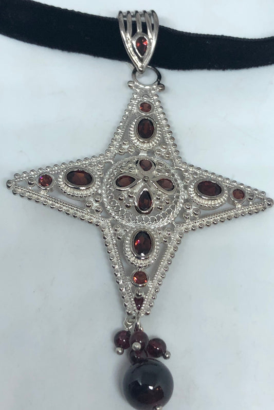 Vintage Bohemian Garnet Cross Choker 925 Sterling Silver Pendant Necklace