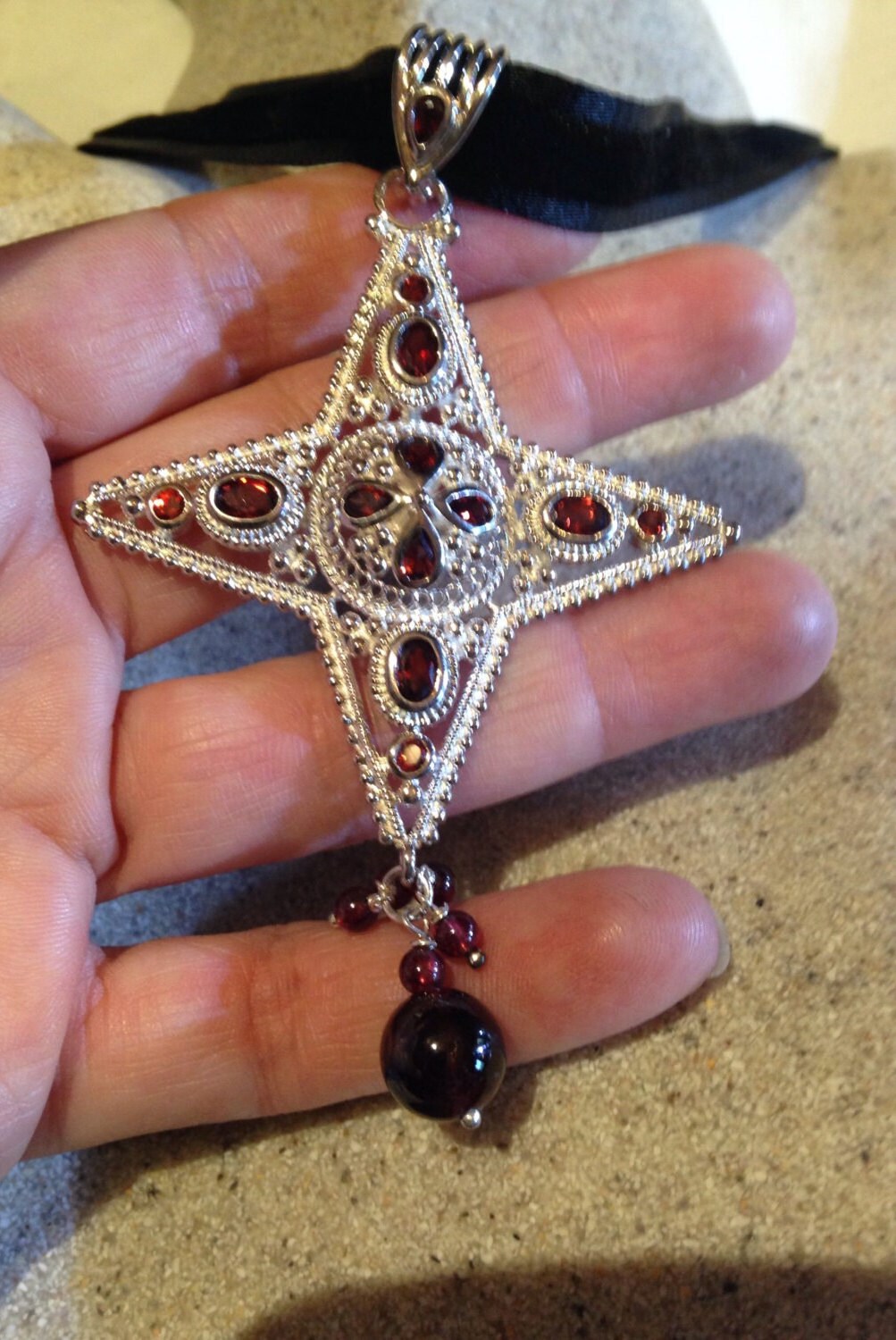 Vintage Bohemian Garnet Cross Choker 925 Sterling Silver Pendant Necklace