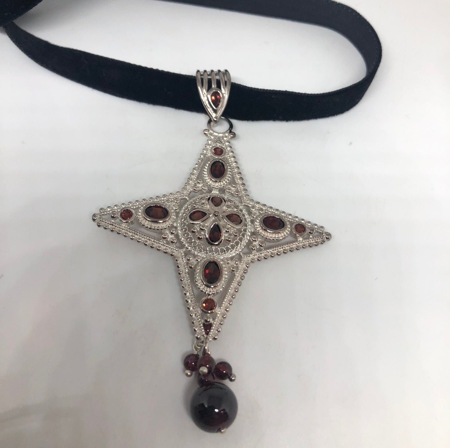 Vintage Bohemian Garnet Cross Choker 925 Sterling Silver Pendant Necklace