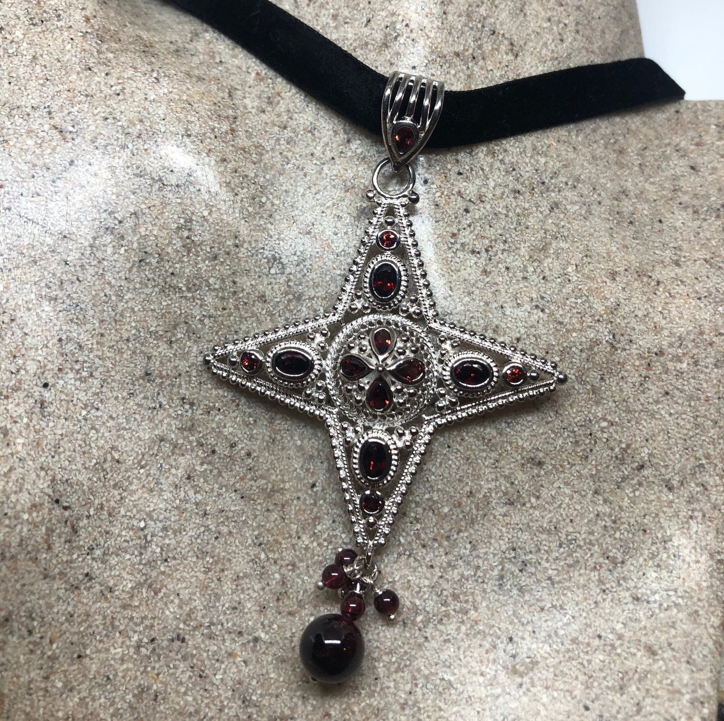 Vintage Bohemian Garnet Cross Choker 925 Sterling Silver Pendant Necklace