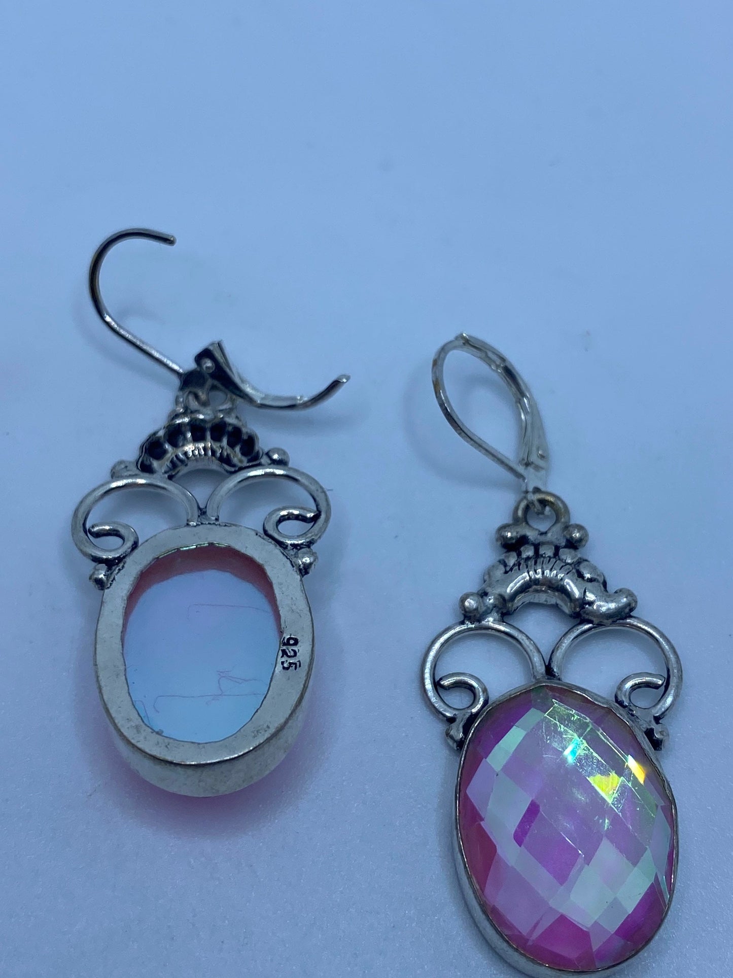 Antique Vintage Blue Pink Opal Glass Silver Dangle Earrings