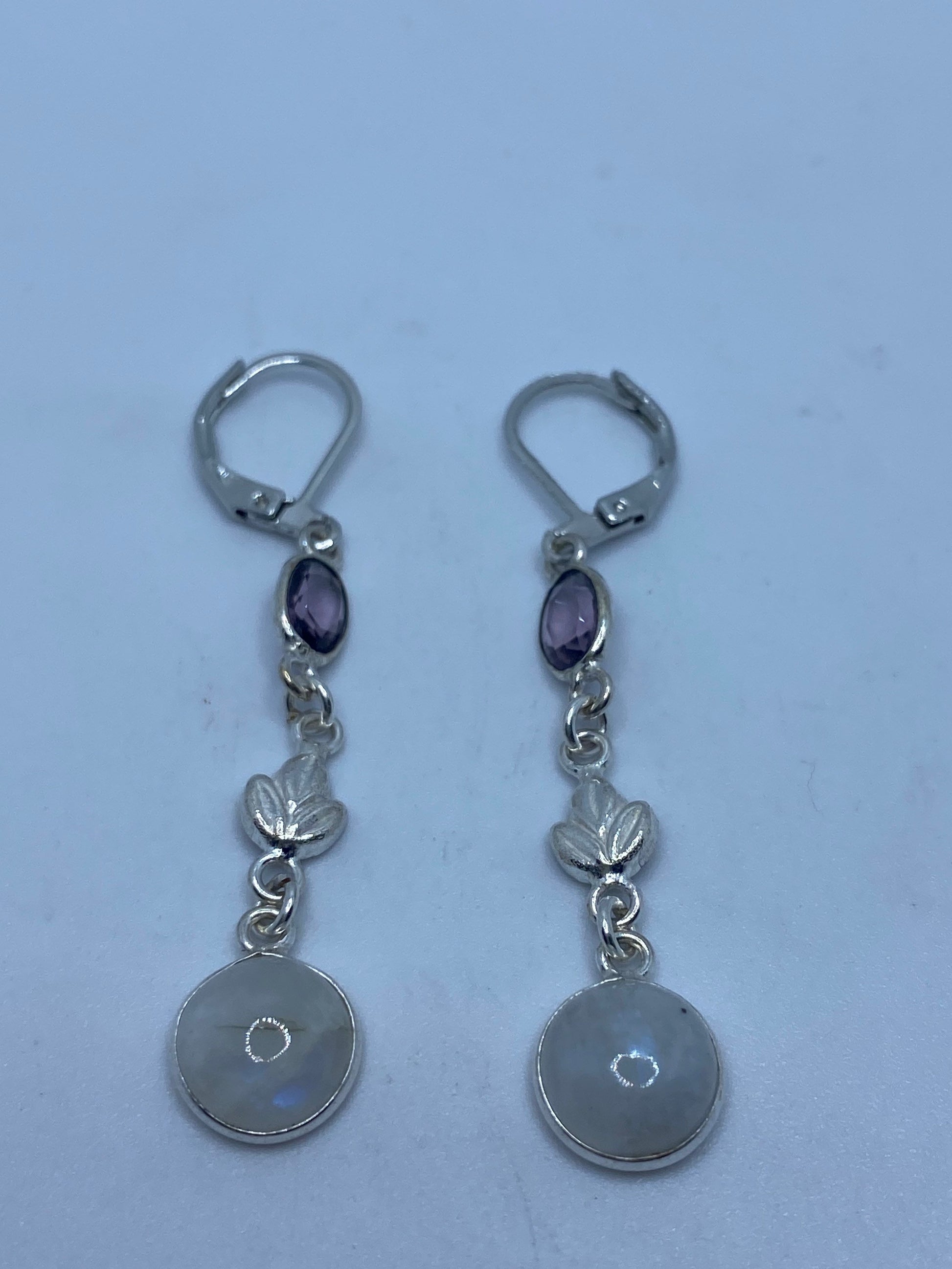 Vintage Rainbow Moonstone Sterling Silver Lever Back Dangle Earrings