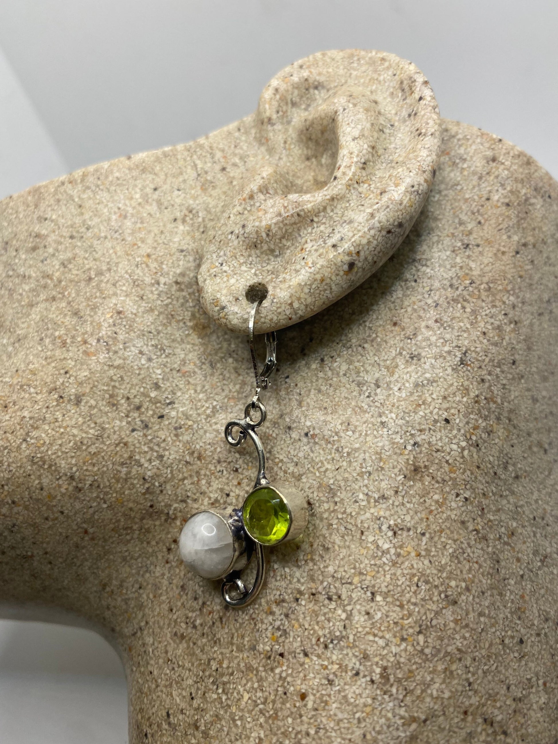 Vintage Rainbow Moonstone Peridot Sterling Silver Lever Back Dangle Earrings