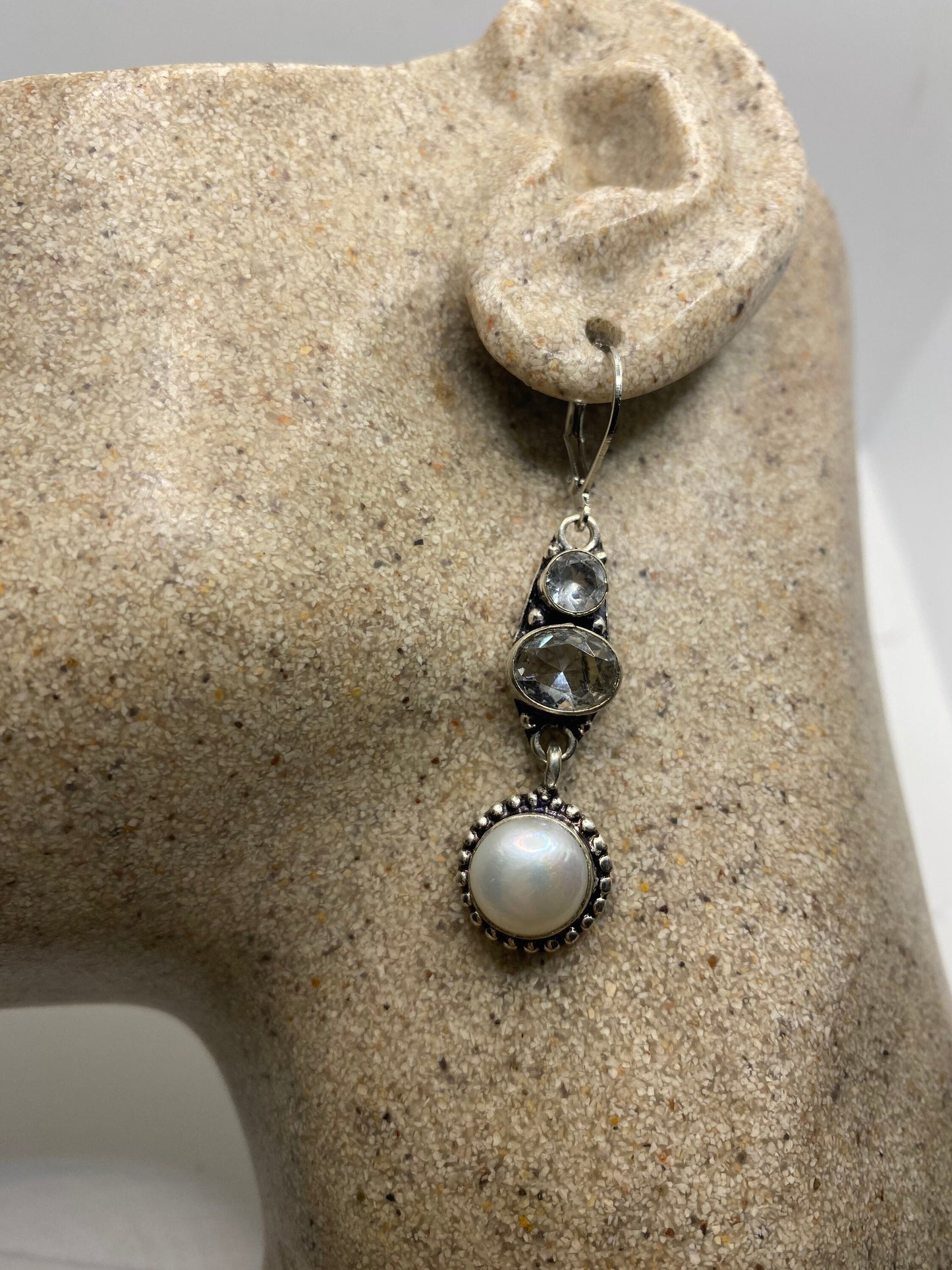 Vintage Genuine Pearl Sterling Silver Dangle Earrings