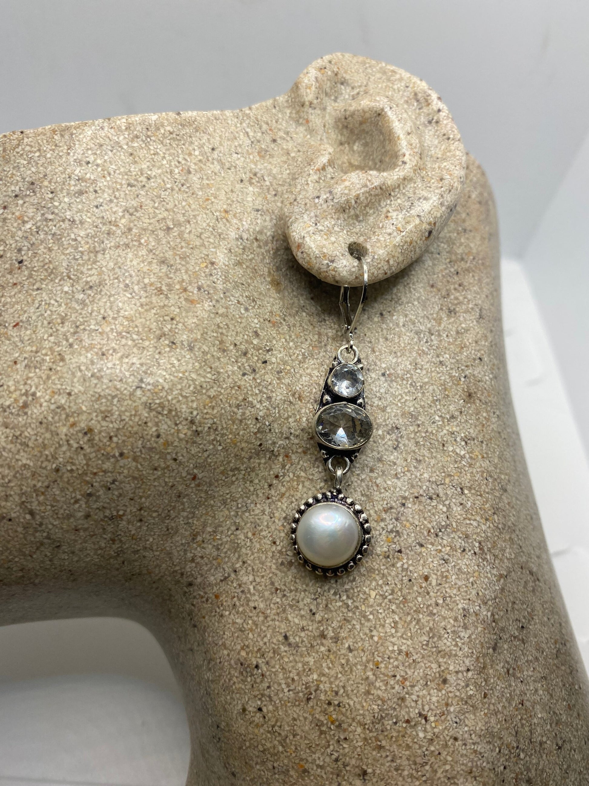 Vintage Genuine Pearl Sterling Silver Dangle Earrings