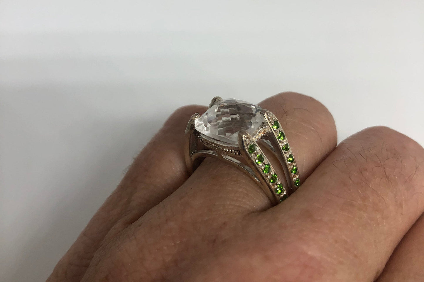 Vintage White Sapphire with Peridot in 925 Sterling Silver Cocktail Ring