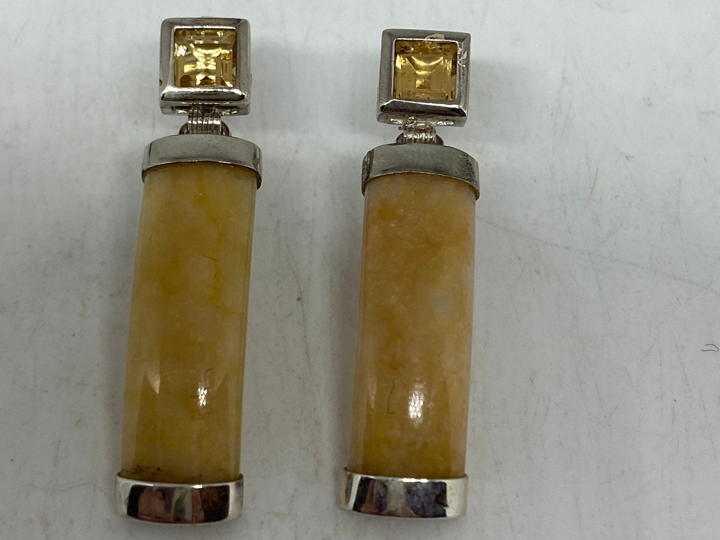 Vintage Genuine Yellow Yellow Jade and Citrine Gemstone Silver Earrings