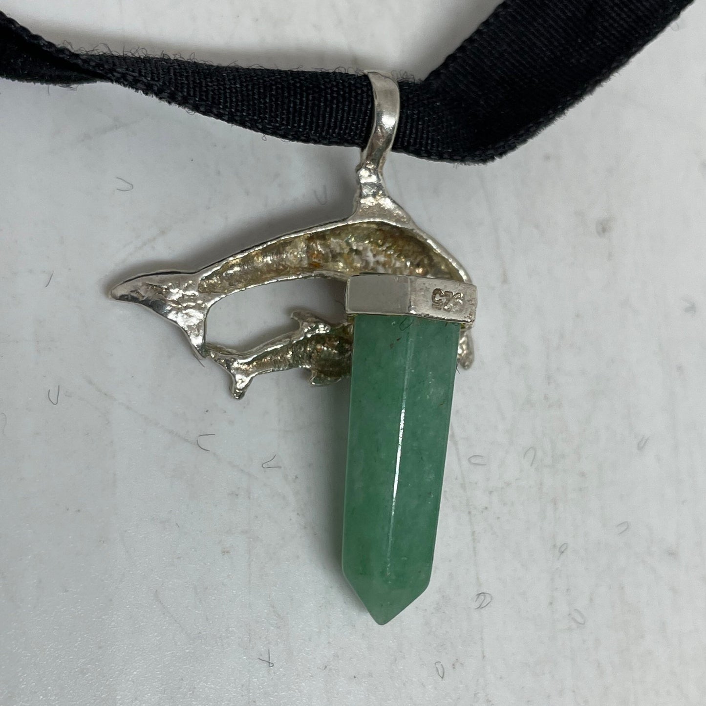 Vintage Green Jade in 925 Sterling Silver Dolphin Necklace