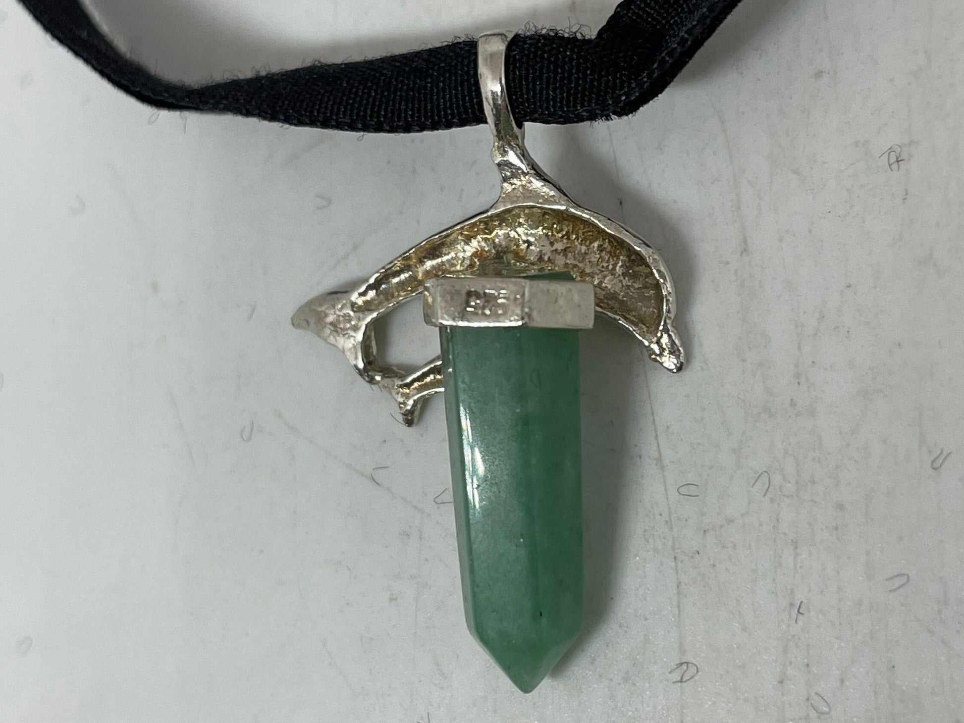 Vintage Green Jade in 925 Sterling Silver Dolphin Necklace