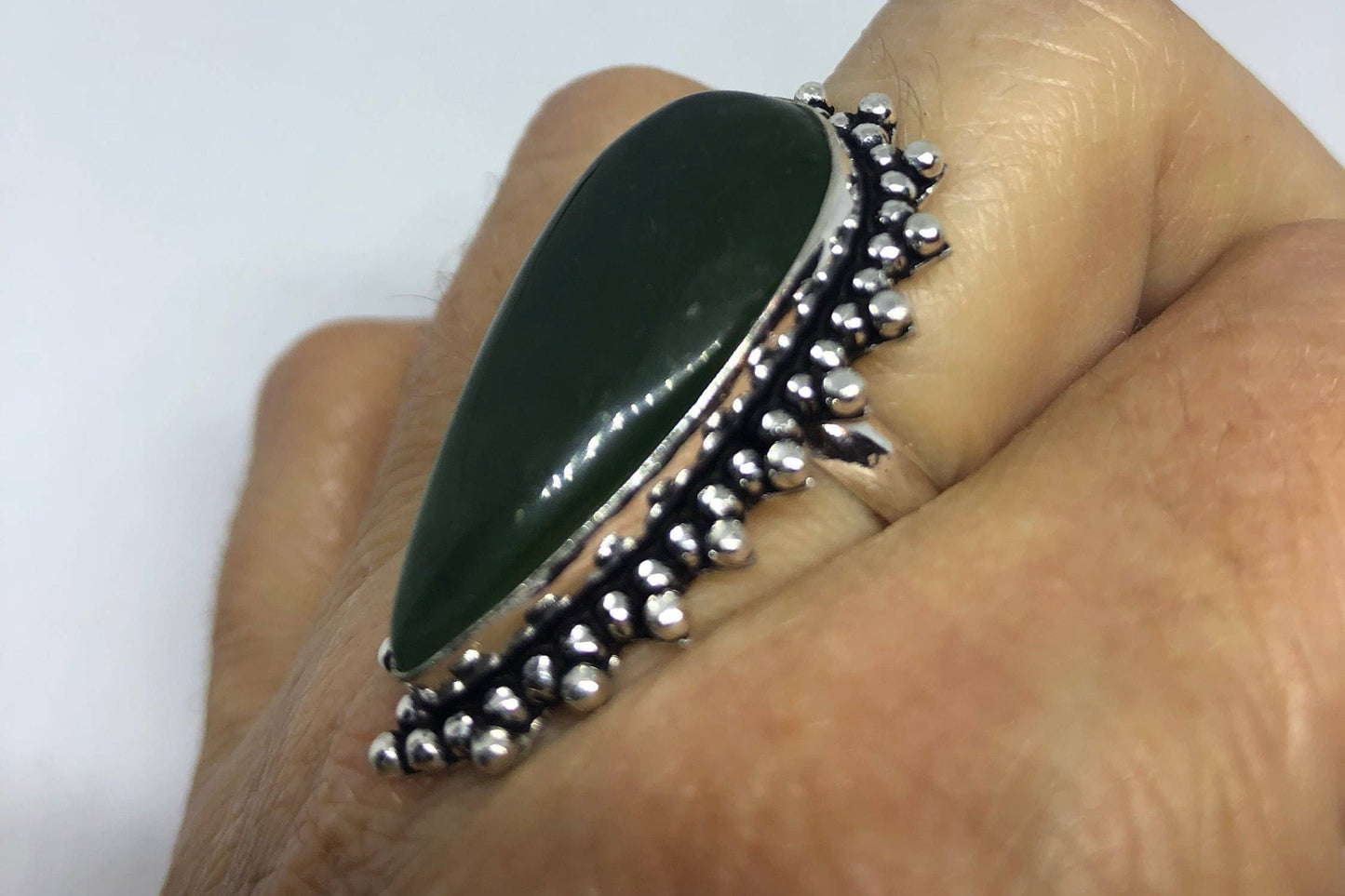 Vintage Green Nephrite Jade Ring About an Inch Long Knuckle Ring