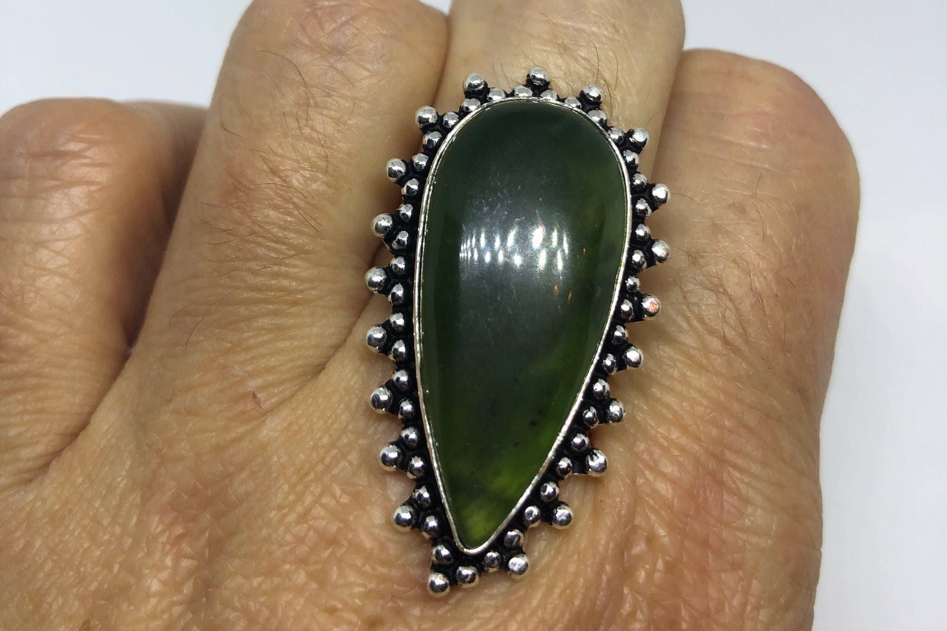 Vintage Green Nephrite Jade Ring About an Inch Long Knuckle Ring