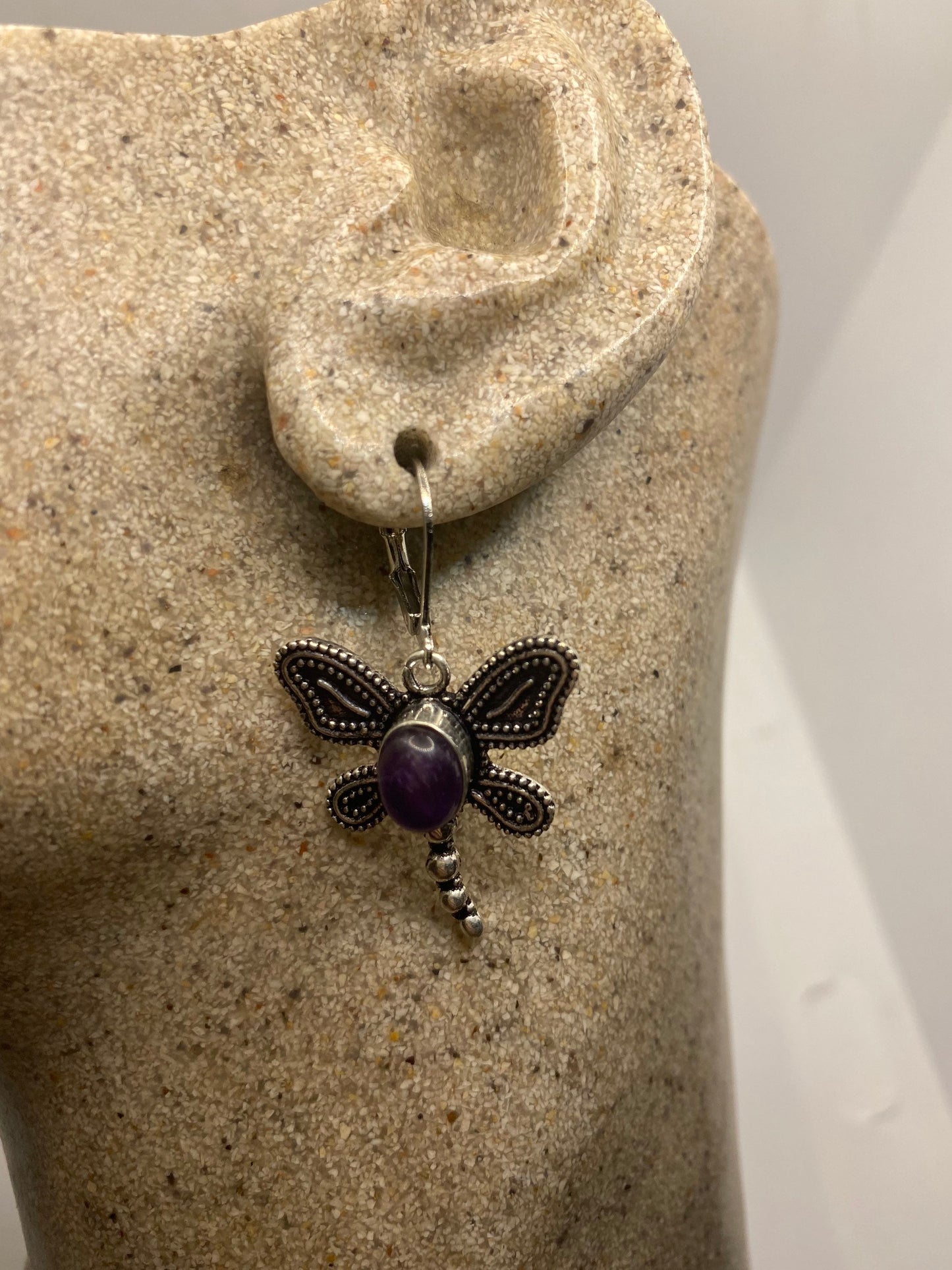 Vintage Purple Amethyst dragonfly Earrings 925 Sterling Silver Leverback Chandelier